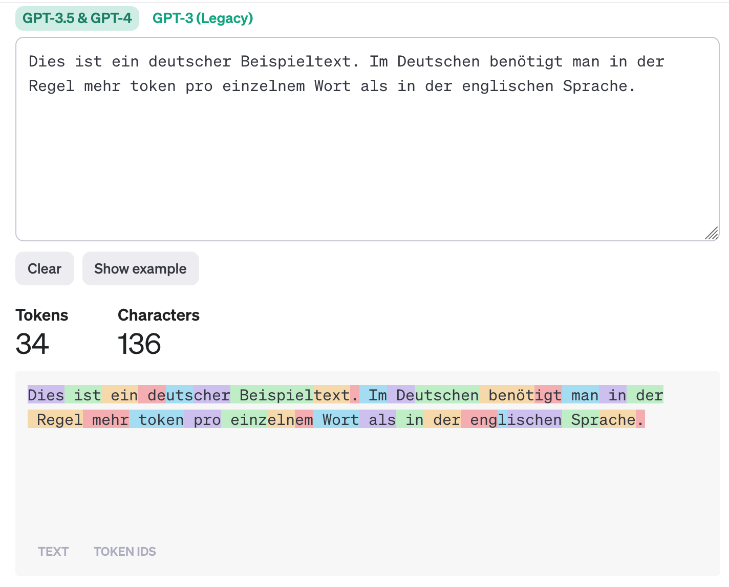Beispieltext in deutscher Sprache im Tokenizer von OpenAI